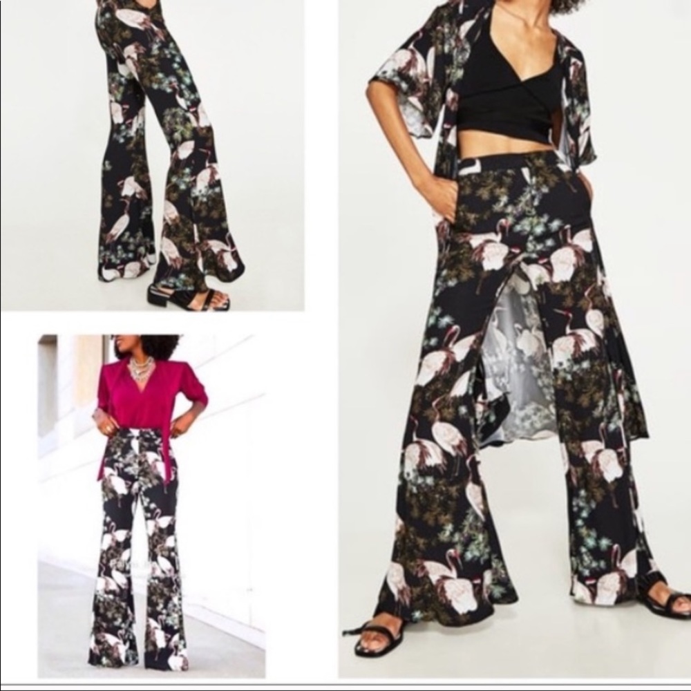 ZARA CRANE PRINT WIDE LEG HIGH RISE PANTS SMALL